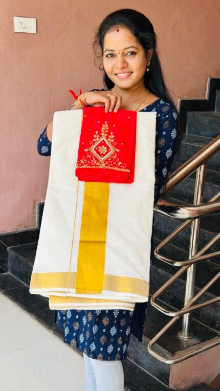 Kerala Saree With Red Color Aari Blouse
